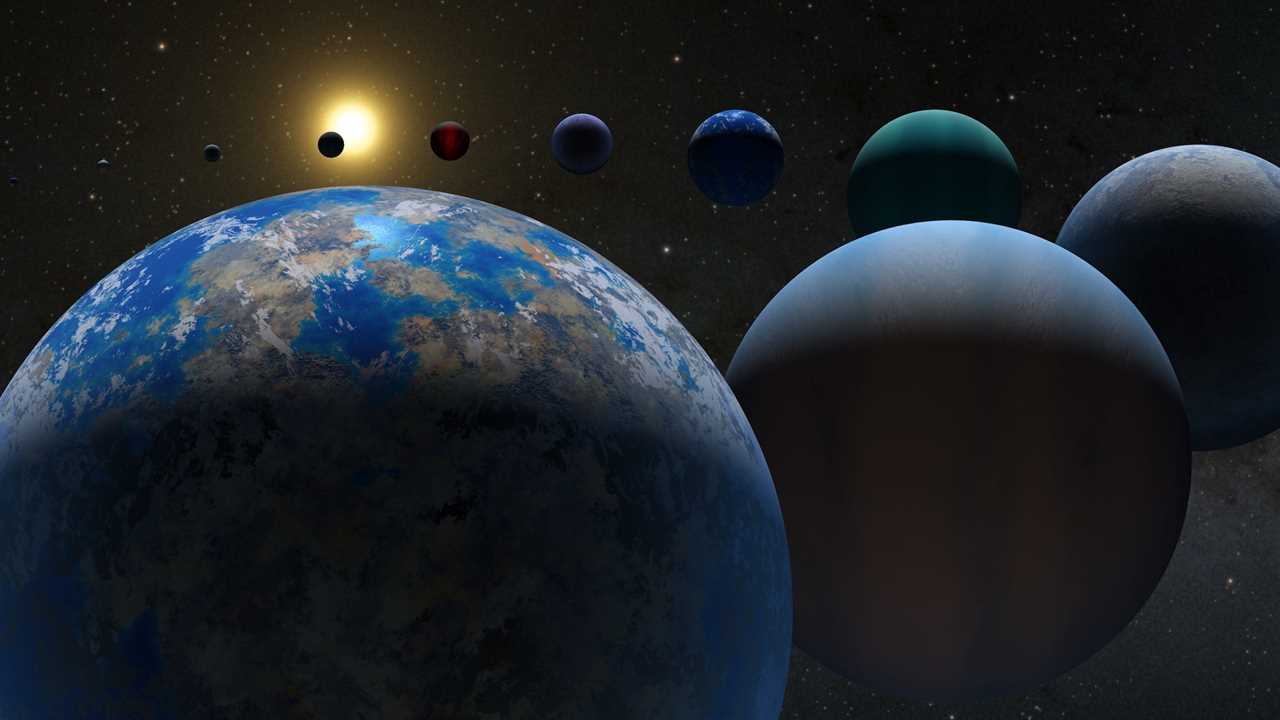 illustration planets blue green brown red lining up in a circle in space