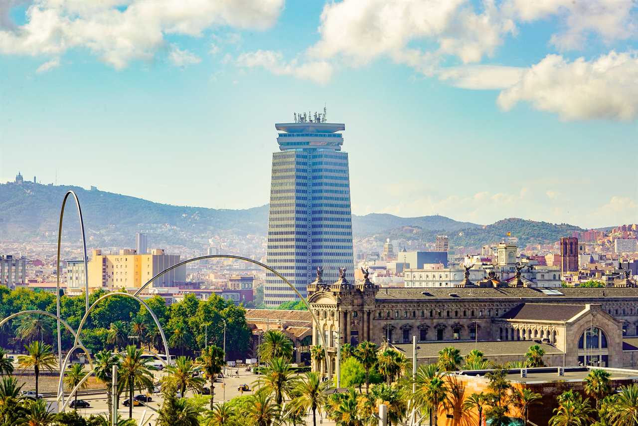 A wide view of palm trees in front of buildings and mountains in Barcelona.