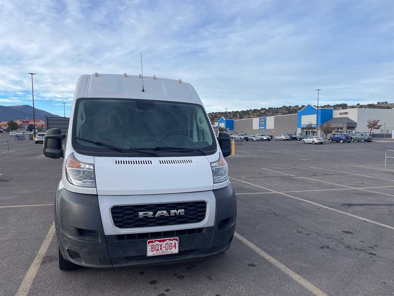 The author's van parked in a Walmart parking lot.