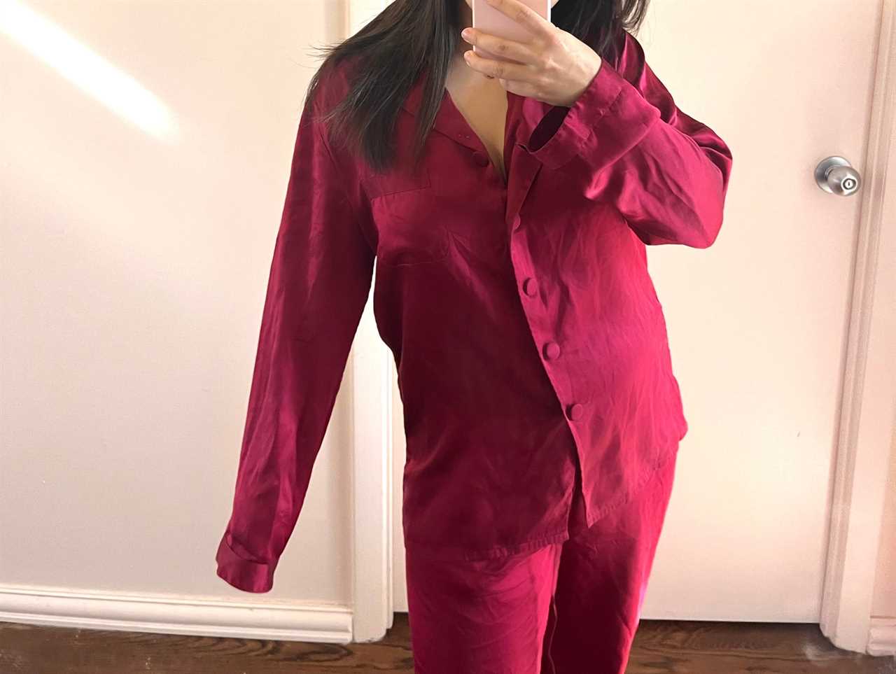 Samantha Crozier wears the LilySilk 22 Momme Full Length Silk Women Pajamas Set in Claret.