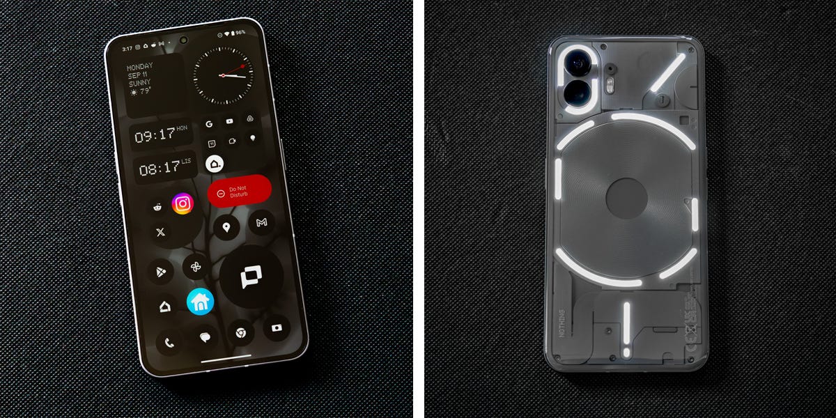 The Nothing Phone 2’s front with the home screen showing, and transparent rear glass panel with the Glyph lights activated.