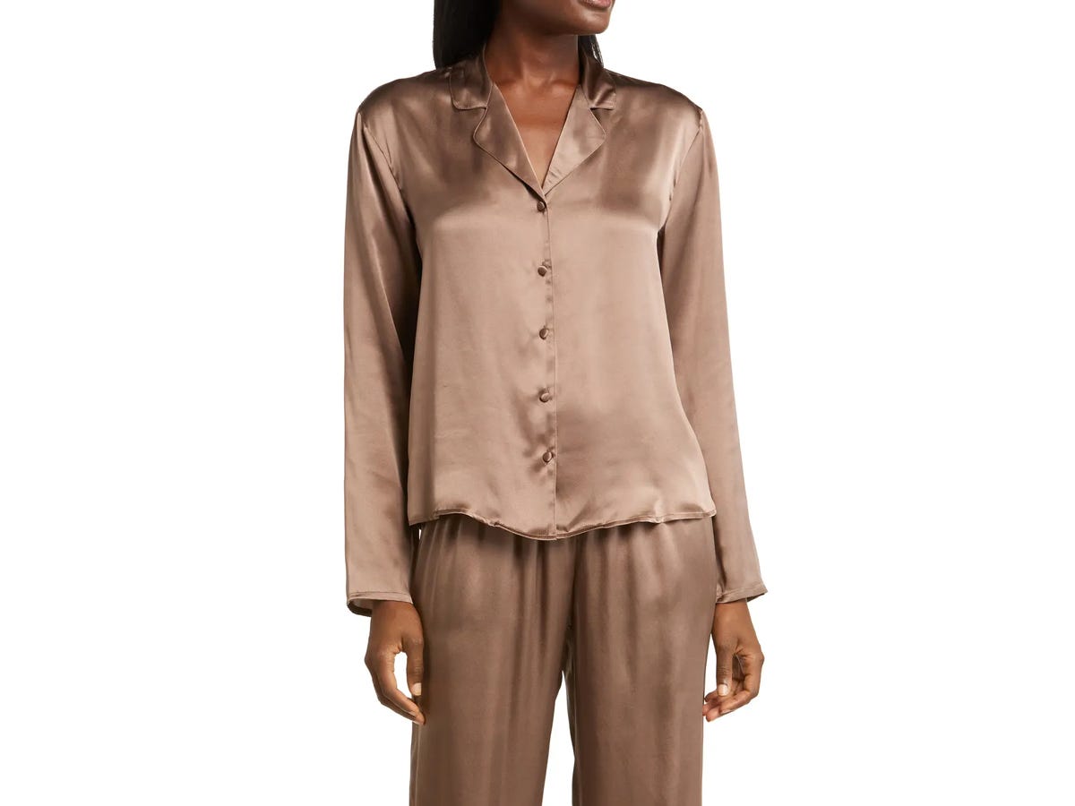 A person wearing the Nordstrom Washable Silk Pajamas.