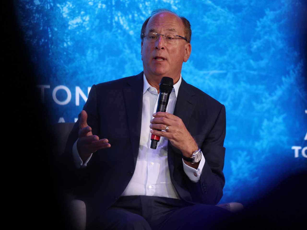 BlackRock CEO Larry Fink speaks while holding a microphone in front of a blue background.