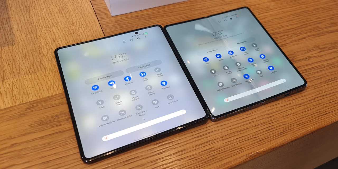 Samsung Galaxy Z Fold 5 and Fold 4 side by side showing internal displays