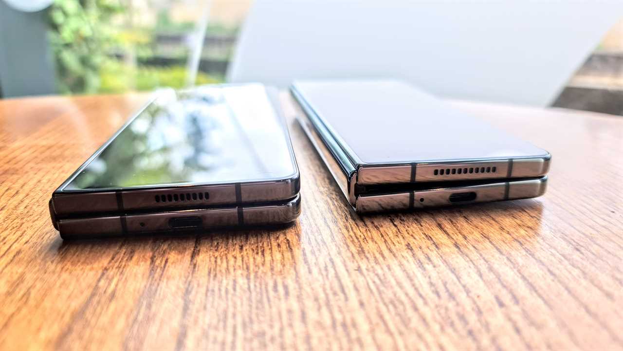 Samsung Galaxy Z Fold 4 and Fold 5 side by side and closed showing hinge gap