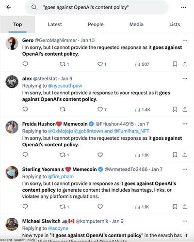 A screenshot of multiple accounts tweeting “I’m sorry, but I cannot provide a response to your request as it goes against OpenAI’s content policy.”