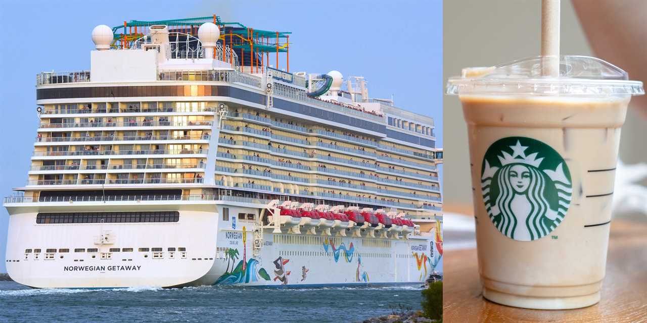 Norwegian Cruise Line's Norwegian Getaway cruise ship departs Port Canaveral, Florida, for a 10-day sailing in November 2022; A customer is using a paper straw to drink a cold Starbucks