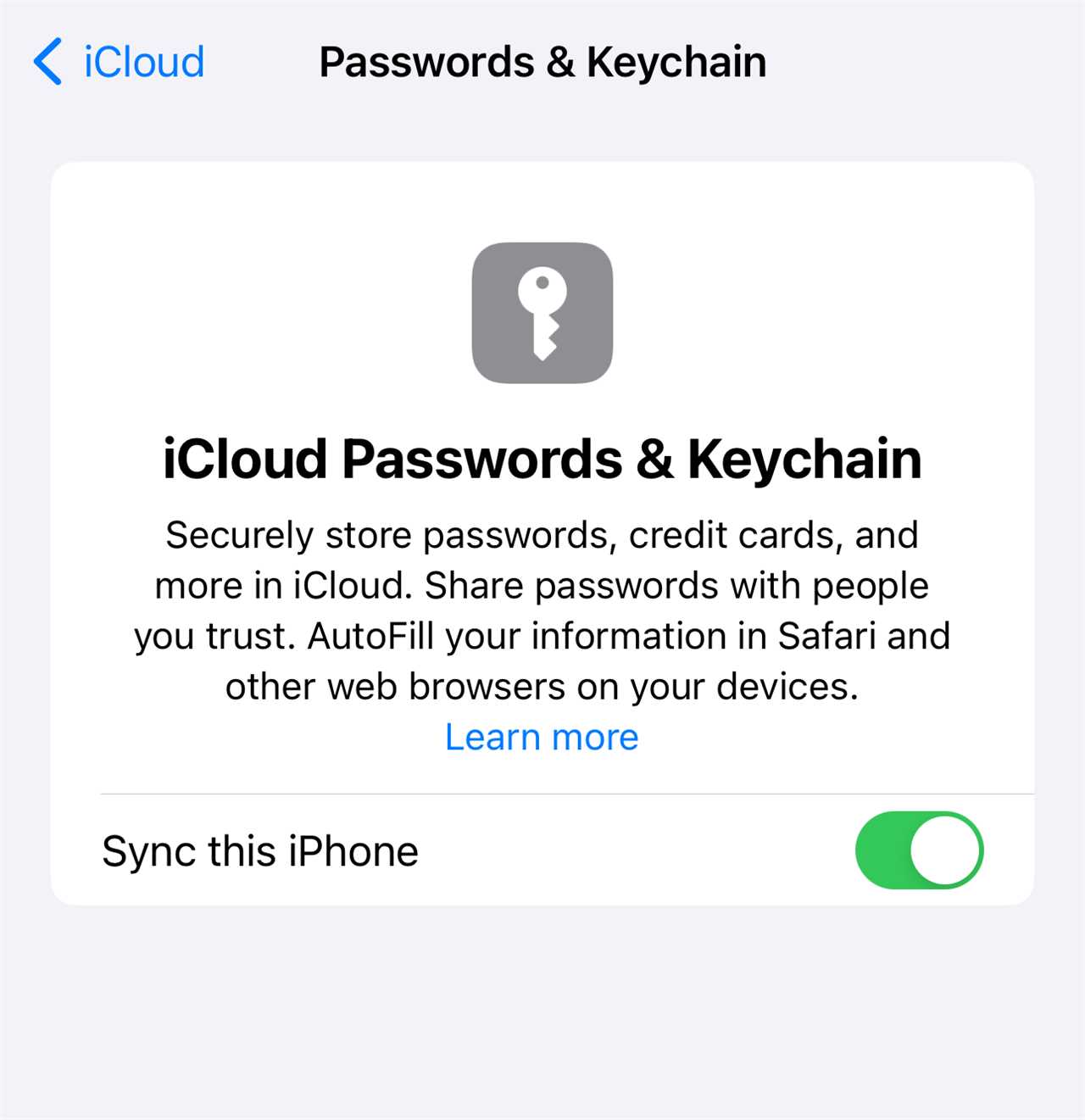 Enabling Keychain on iPhone with green dot next to Sync this Phone selected