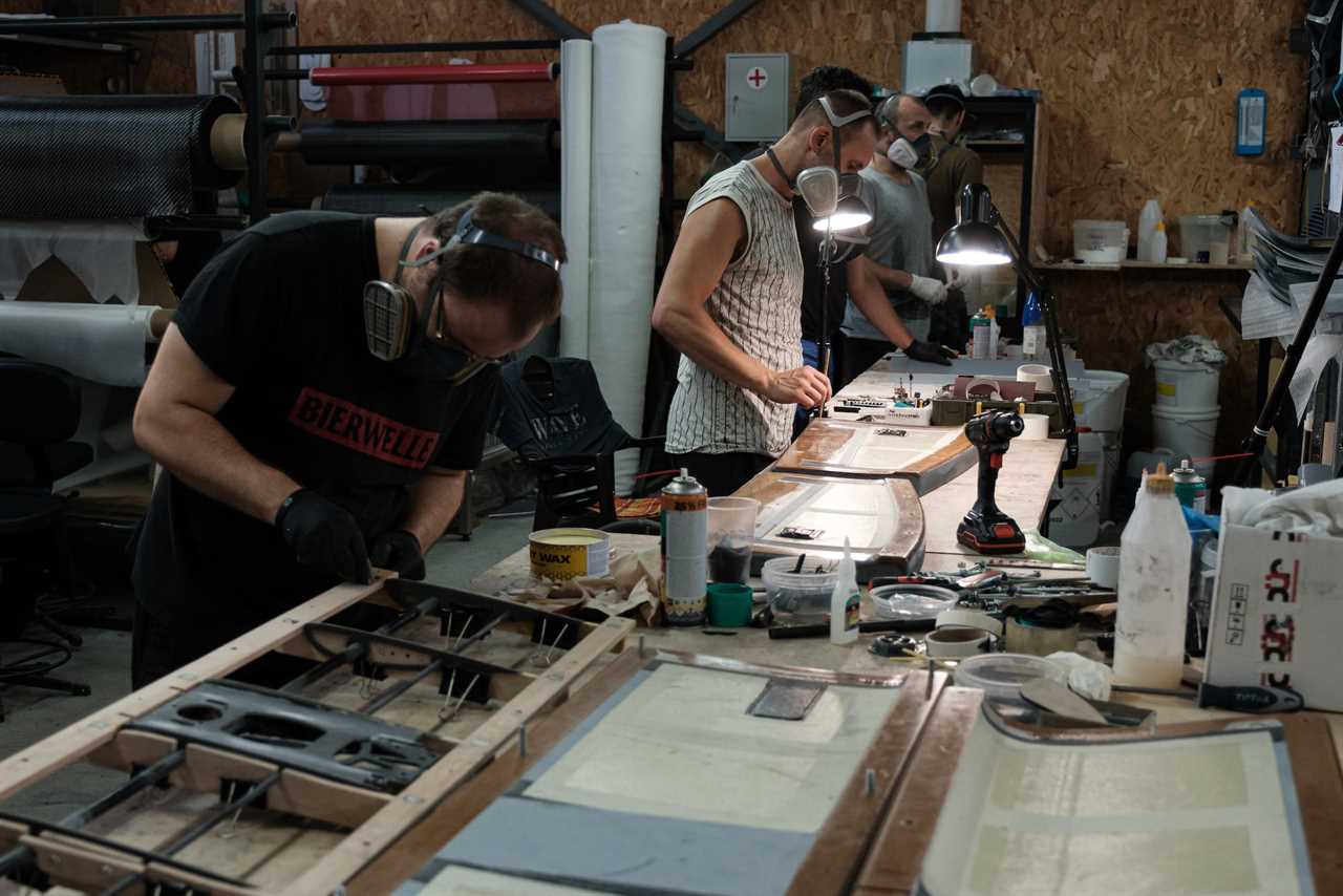 Men work at a factory producing drones for the Ukrainian Armed Forces