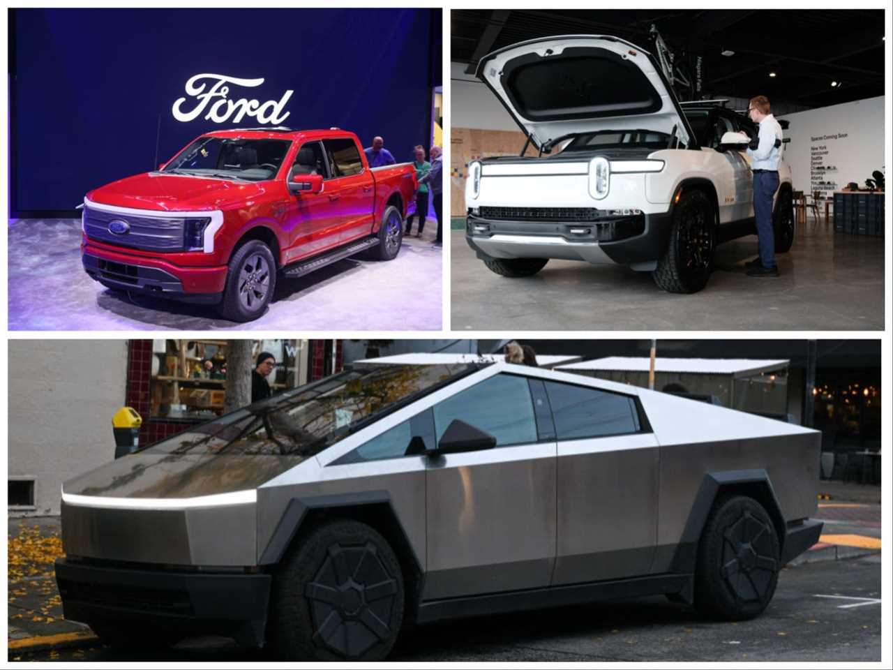 A red Ford F-150 Lightning (top left), white Rivian R1T (top right) with the trunk open, and a silver Tesla Cybertruck (bottom).