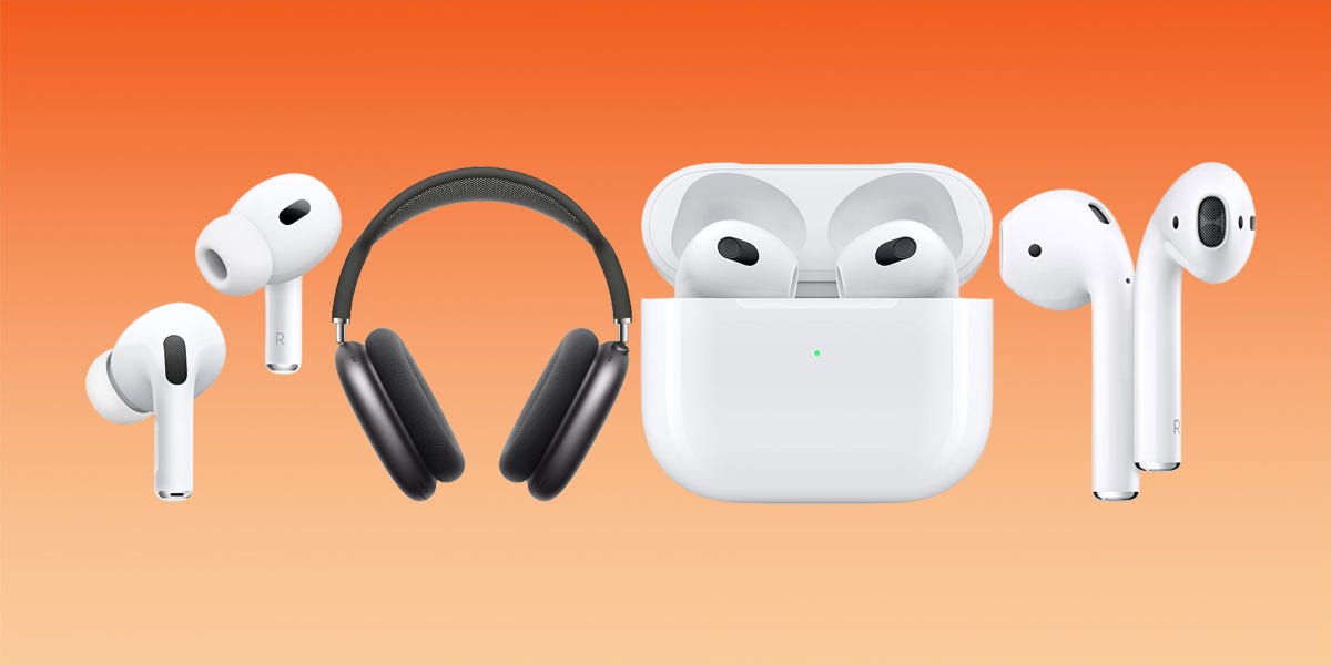 Four types of Apple AirPods on an orange gradient background.