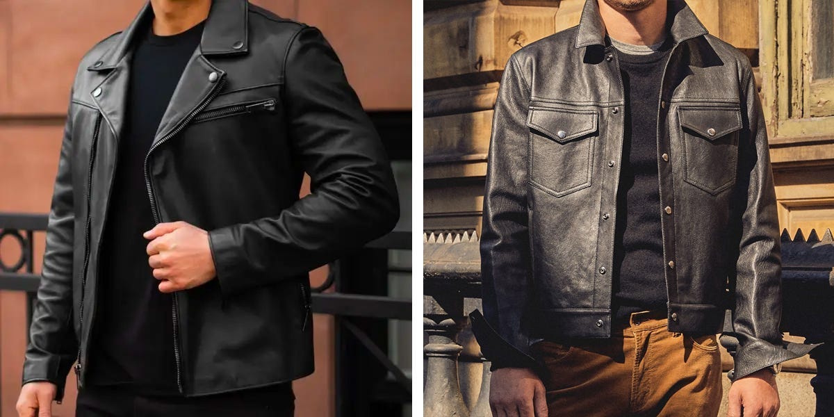 Side by side images of a model wearing the Thursday Boot Co. Motorcycle Jacket in black leather and a person wearing a black Todd Snyder Burnished Leather Dylan Jacket.