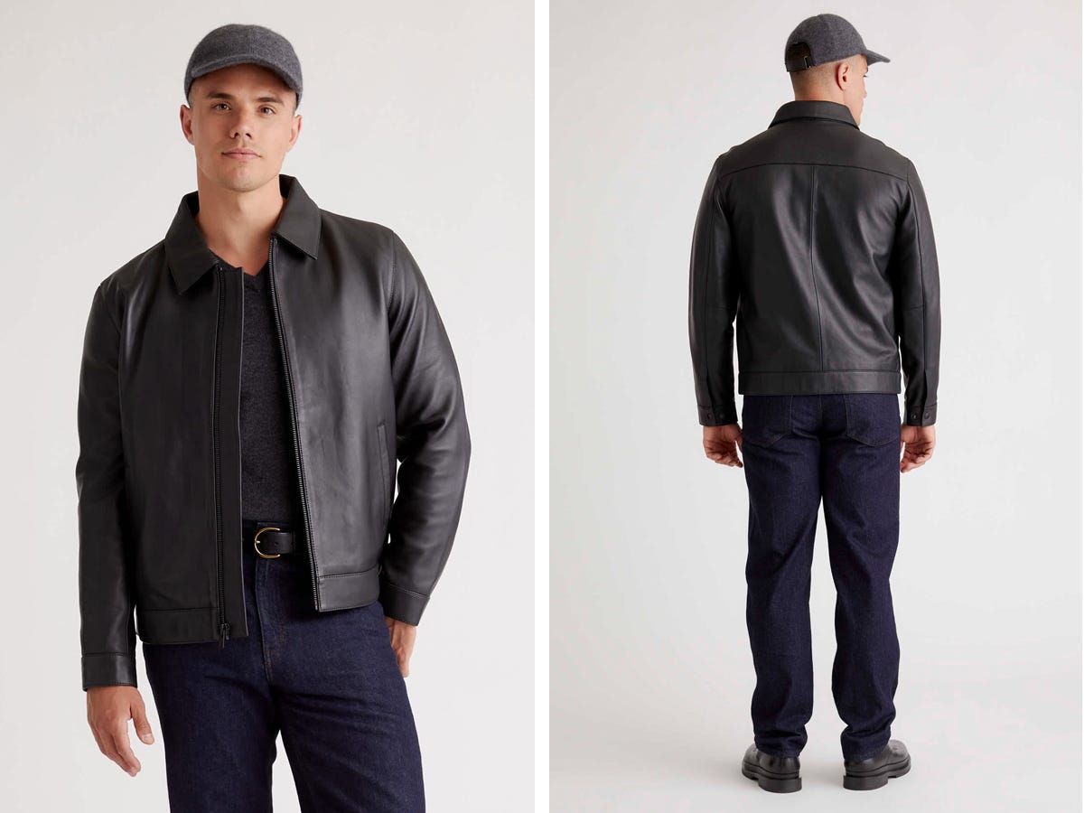 Side by side images of a model wearing the Quince 100% Leather Harrington Jacket, showing it from the front and back.