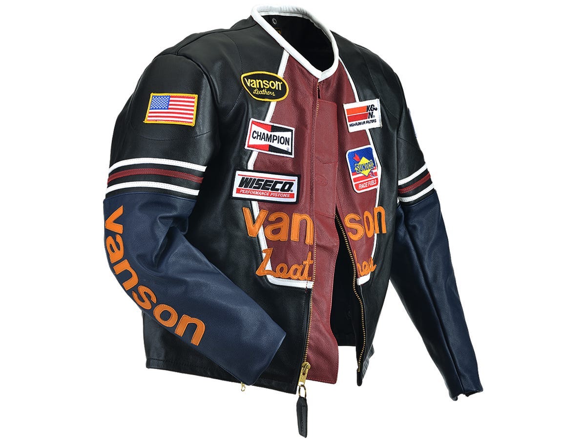 The Vanson Leathers Original Star Racing Jacket in the black and red competition material colors.