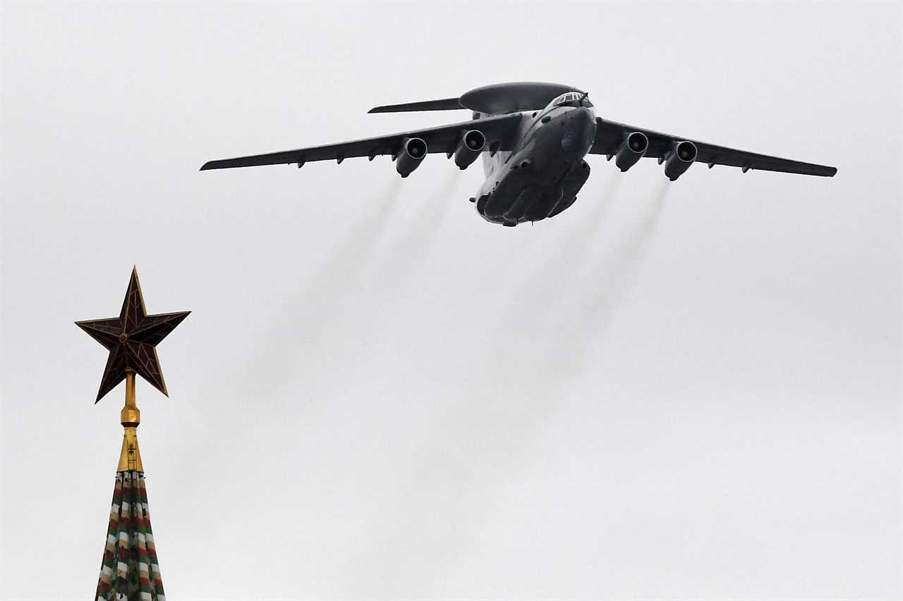 A Beriev A-50 early warning and control aircraft flies over the Kremlin and Red Square in downtown Moscow to mark the 75th anniversary of the victory over Nazi Germany in World War II, May 9, 2020.