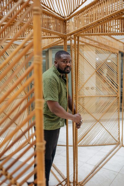 Woven from bamboo, Marcus-Bello’s Waf kiosk was installed in Lagos, Nigeria, and Sharjah, U.A.E., as part of his <i>CONTEXT IN DESIGN, DESIGN IN CONTEXT</i> exhibition in the Sharjah Architecture Triennial.