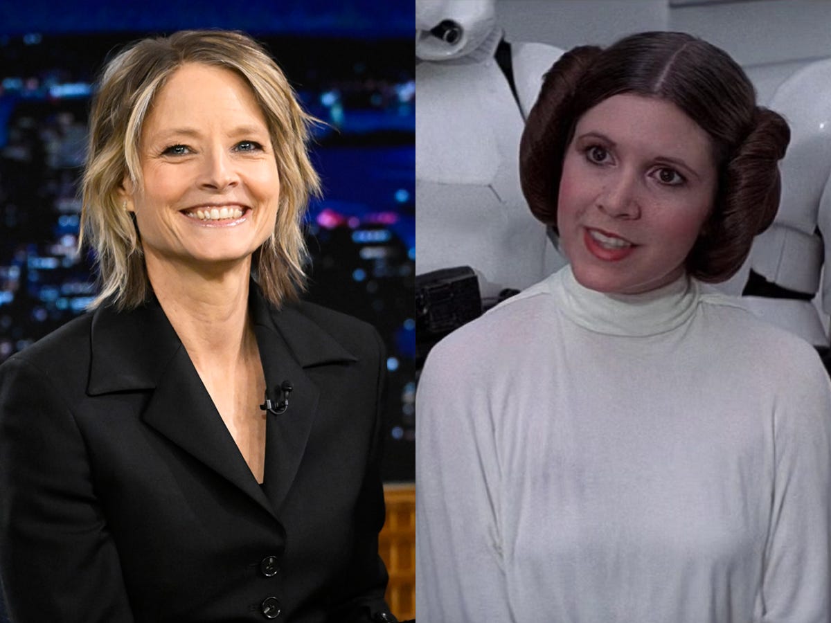 Jodie Foster on "The Tonight Show with Jimmy Fallon," and Carrie Fisher as Princess Leia in "Star Wars: Episode IV - A New Hope."