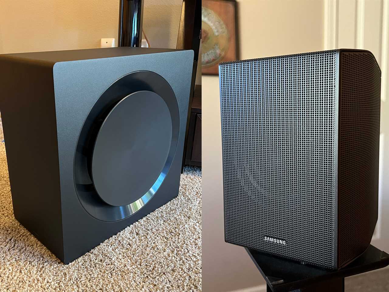 A side-by-side shot ofa Samsung Q990C subwoofer and Q990C satellite speaker.