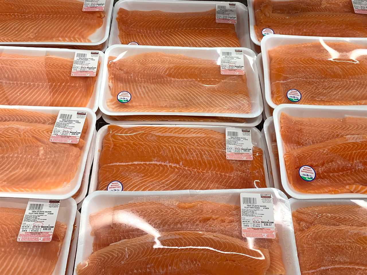 Packages of salmon on display at Costco.