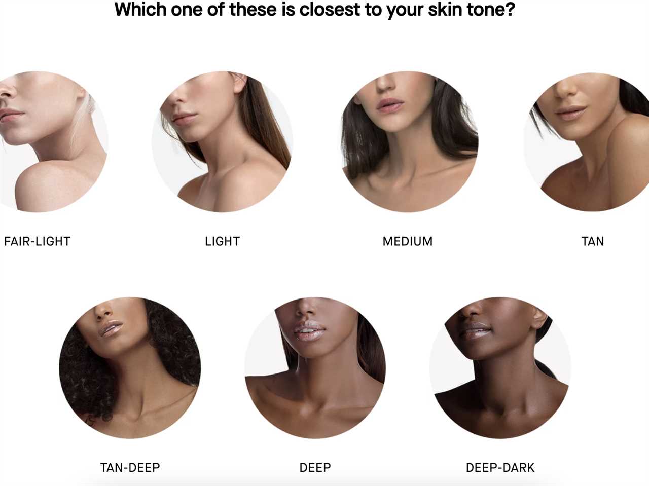 An online foundation shade match quiz displays models with varying skin tones.