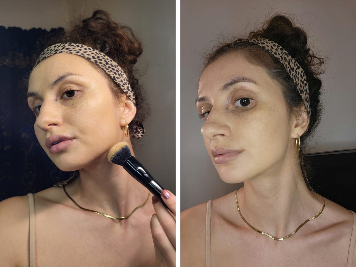 Two selfies of a woman wearing liquid foundation in different shades.