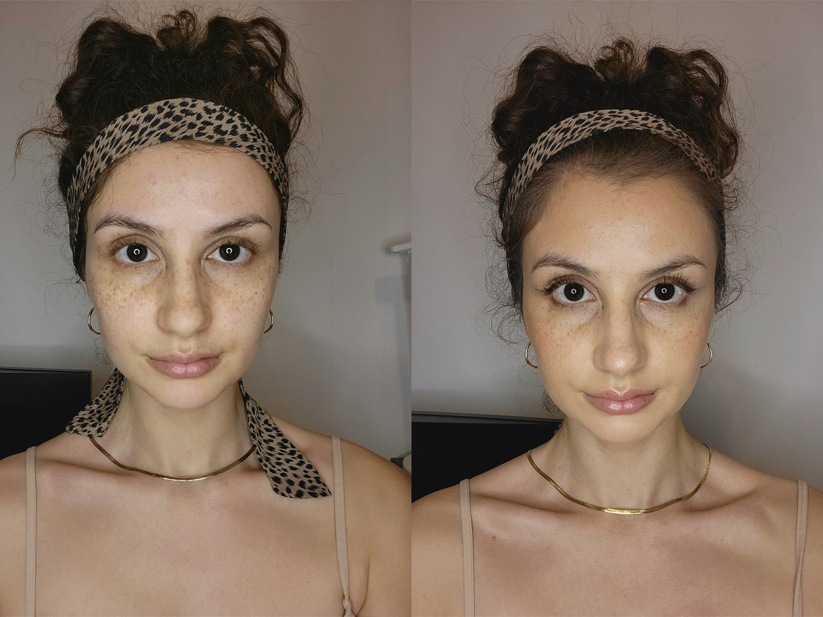 On the left, a selfie of a woman wearing no makeup. On the right, a selfie of a woman wearing a full face of makeup.