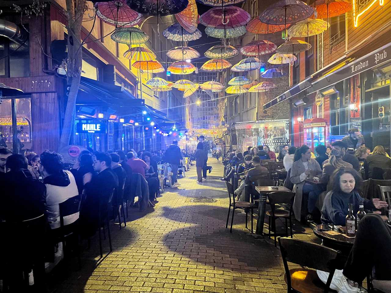 A street in Istanbul at night filled with people