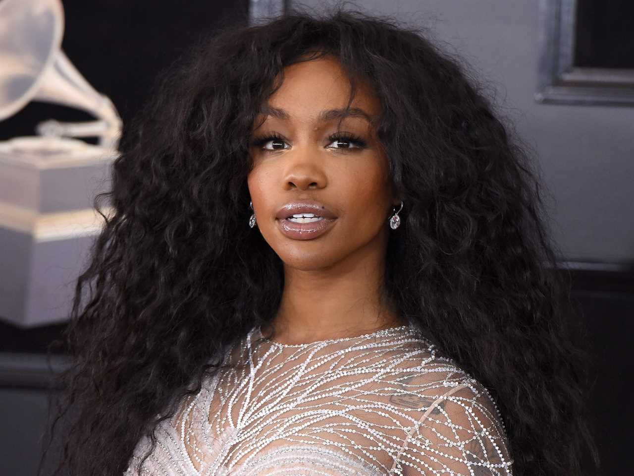 SZA in a sparkly light-pink dress on the Grammys red carpet.