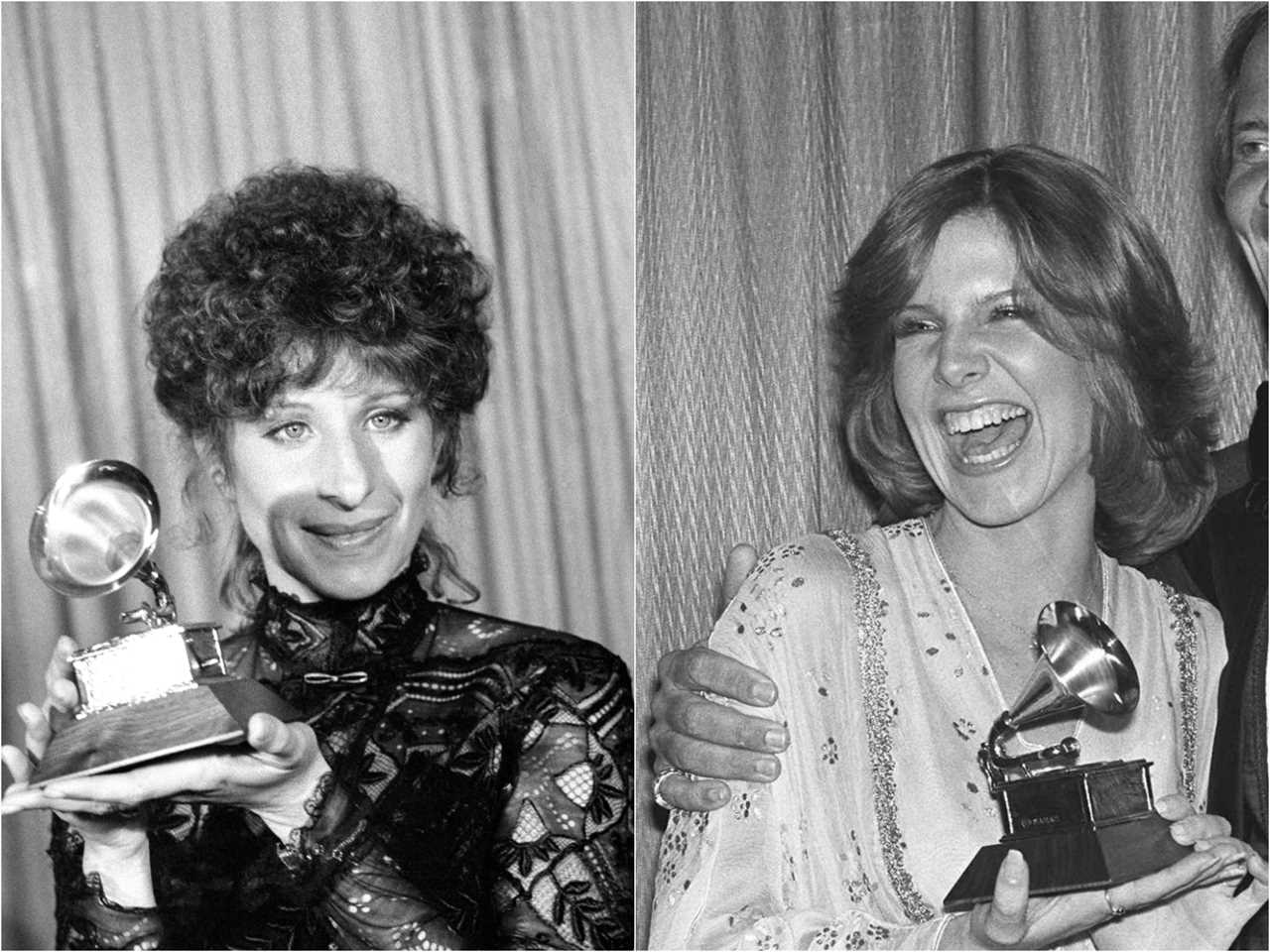 Black and white photos of Barbra and Helen smiling and holding their gramophone awards.