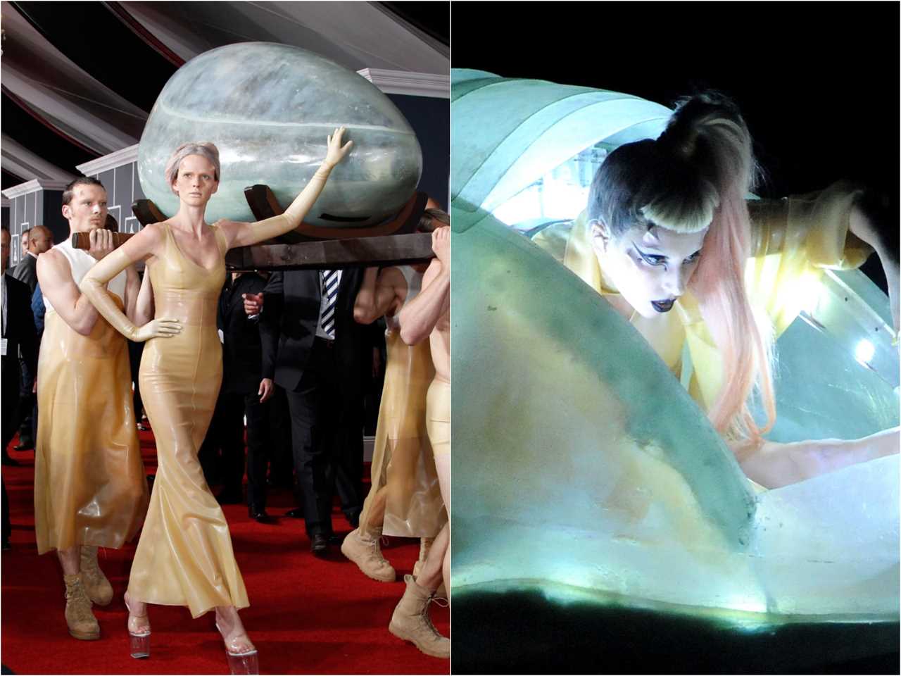 Performers in skin colored latex outfits holding an oversized blue marble-like egg on beams on their shoulders. Gaga is seen coming out of the glowing egg with dramatic makeup and sharp prosthetics on her face.