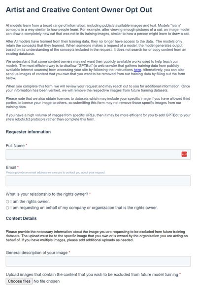 A screenshot taken of the OpenAI form needed to opt works out of being used to train AI models.