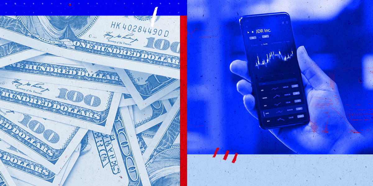 A collage of stocks on a phone and money