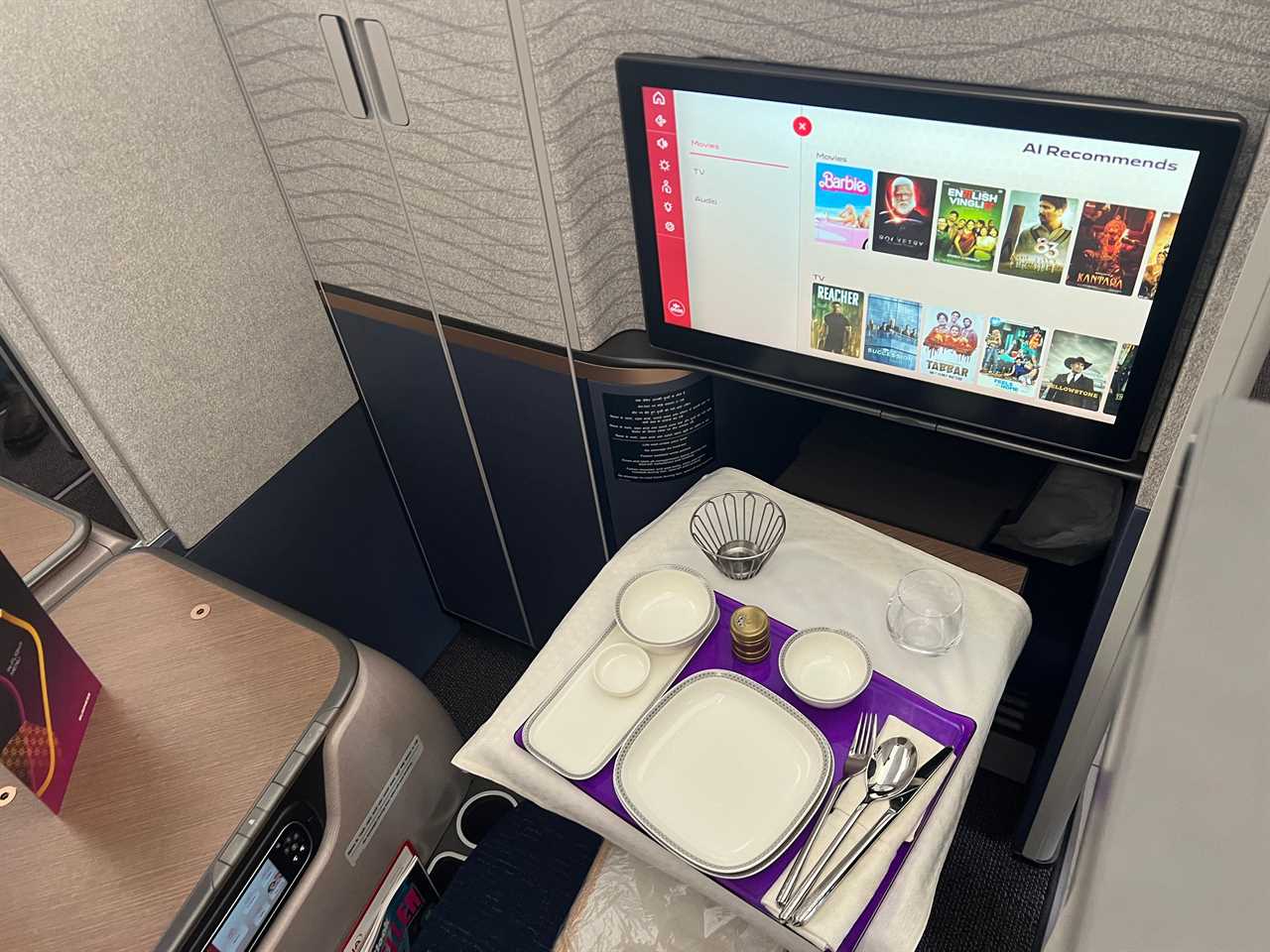 The table set up and TV in Air India's new business class.