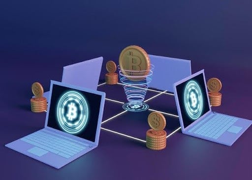 An illustration of crypto coins and connectivity