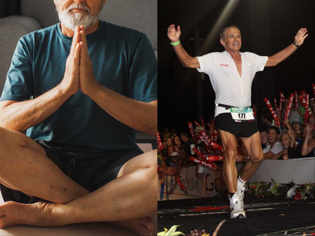 An older man meditating in lotus pose; Dr. Joseph Maroon crossing the finish line at an Ironman Triathlon.