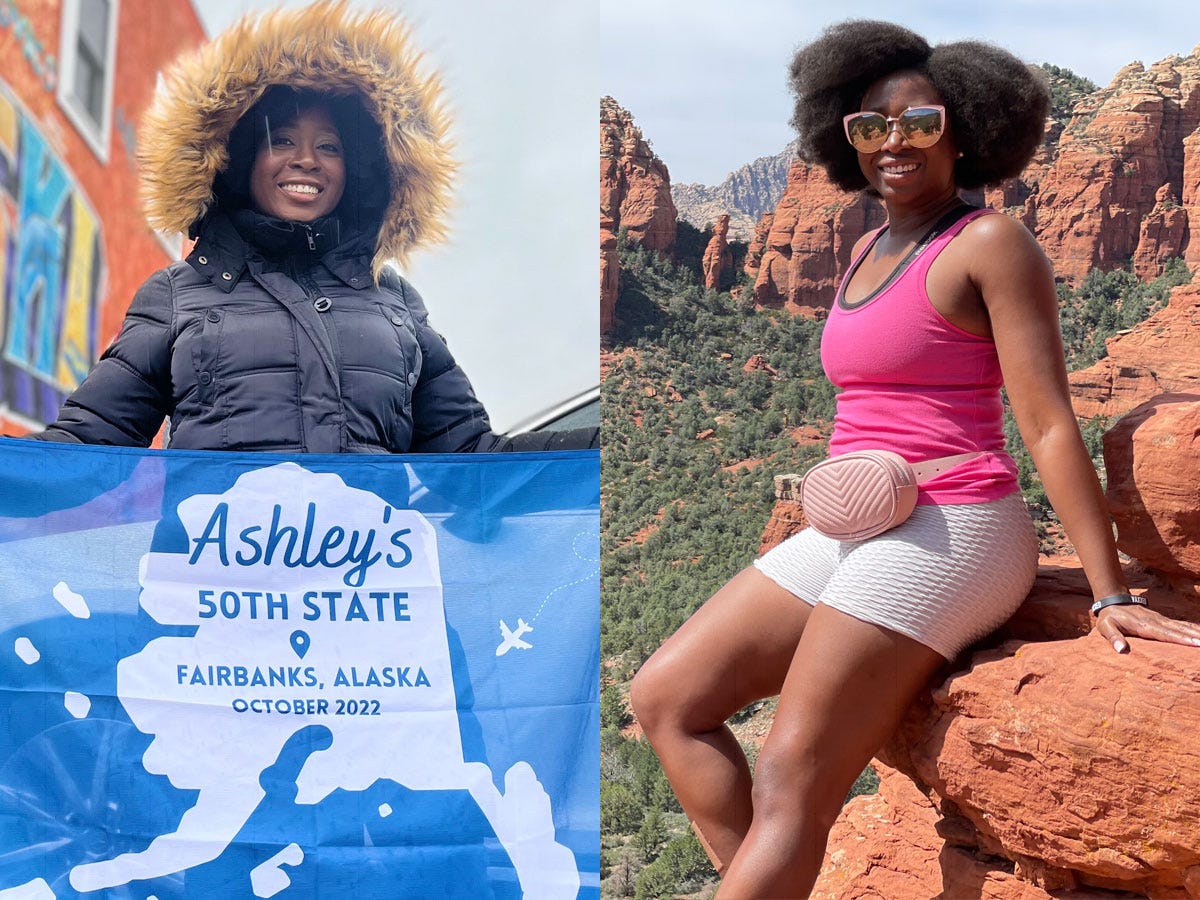 Ashley Nealy holding alaska flag in winter weather left, ashley sitting on arizona rock (right)