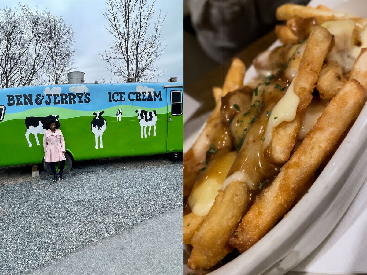 Ashley Nealy standing in front of ben & Jerry's truck left, plate of fries on right