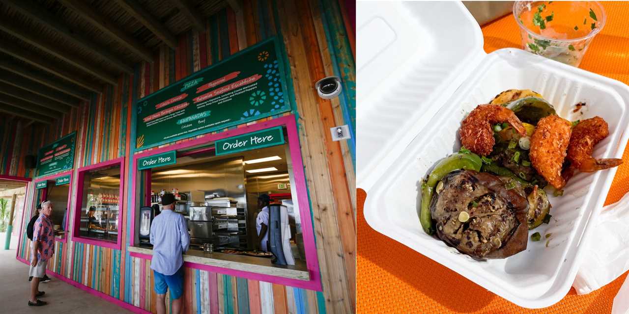 composite of a food stand and box of food