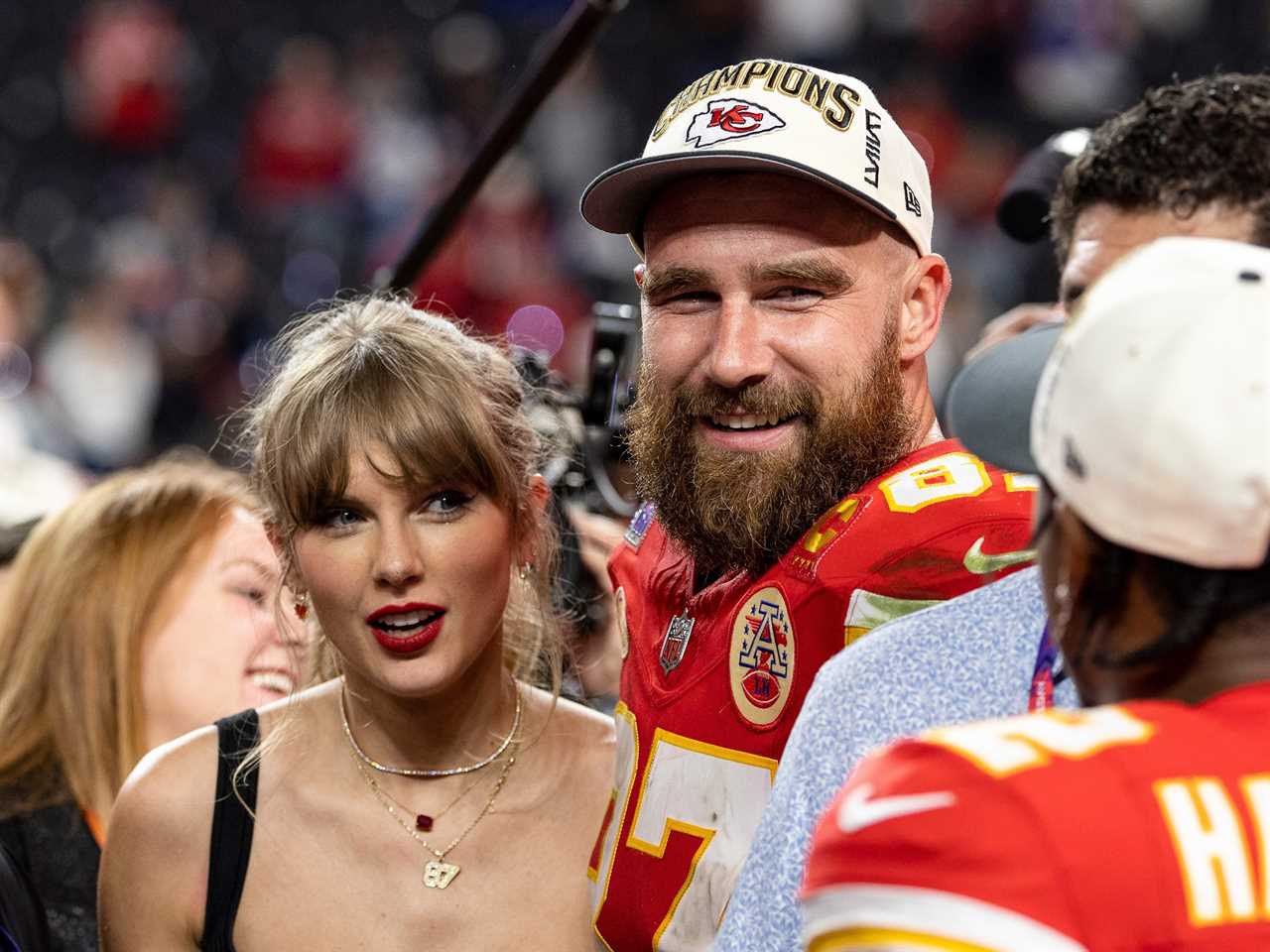 Travis Kelce and Taylor Swift  following the NFL Super Bowl at Allegiant Stadium on February 11, 2024 in Las Vegas, Nevada. (