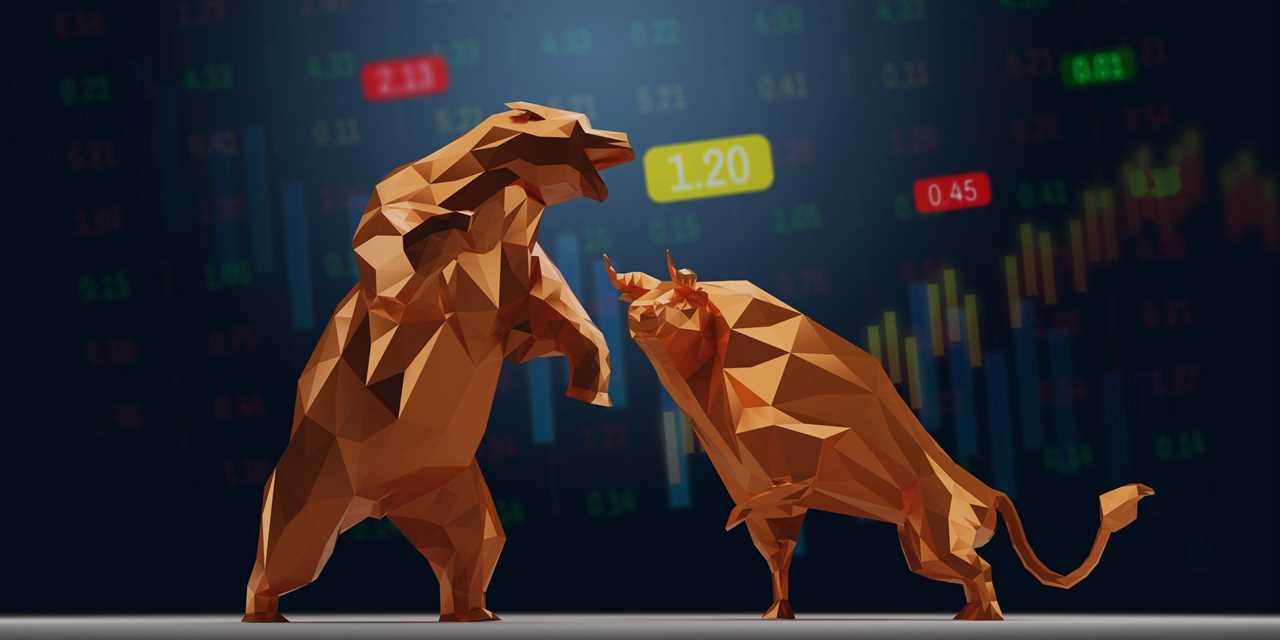 Animated bear and bull faces each other in front of stock charts