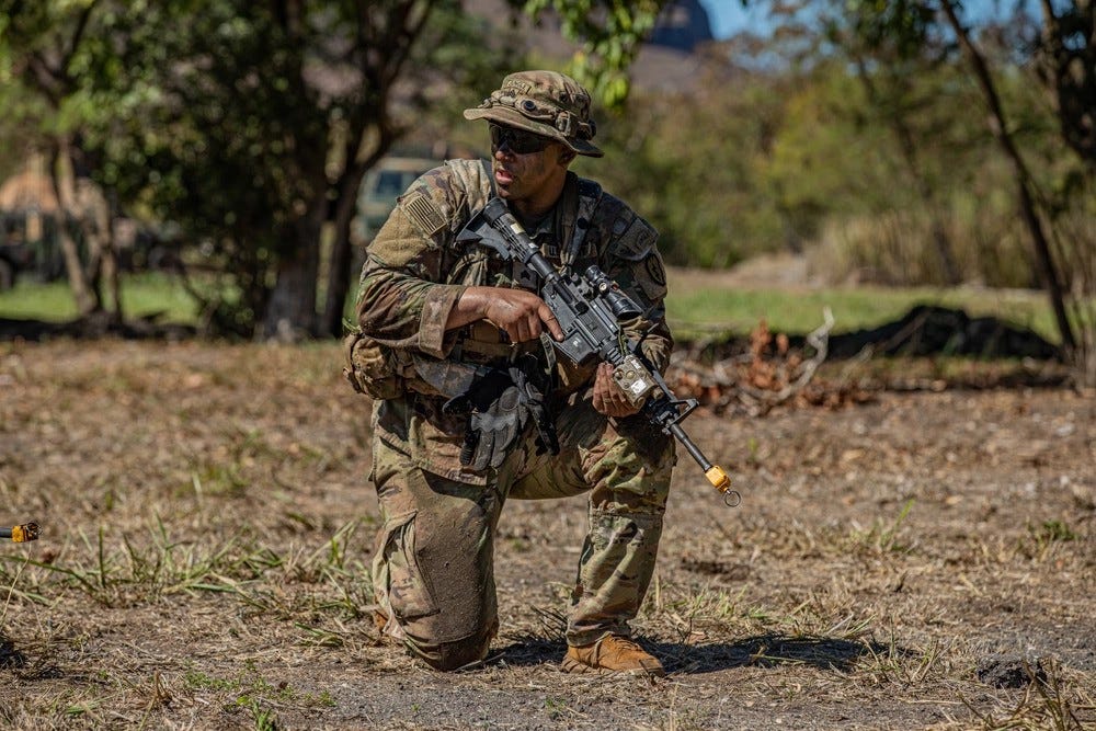 U.S. Army Soldiers assigned to 3rd Infantry Brigade Combat Team, 25th Infantry Division, set conditions to start operations at Dillingham Army Airfield, Hawaii, Oct 27, 2023.