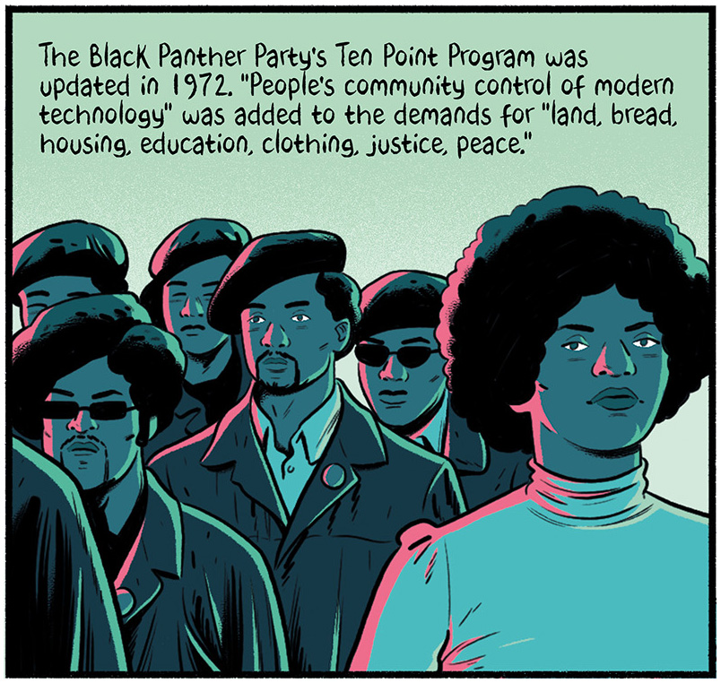 A group of Black Panthers standing together.  The text reads, "The Black Panther Party's Ten Point Program was updated in 1972. 'People's community control of modern technology' was added to the demands for 'land, bread, housing, education, clothing, justice, peace."