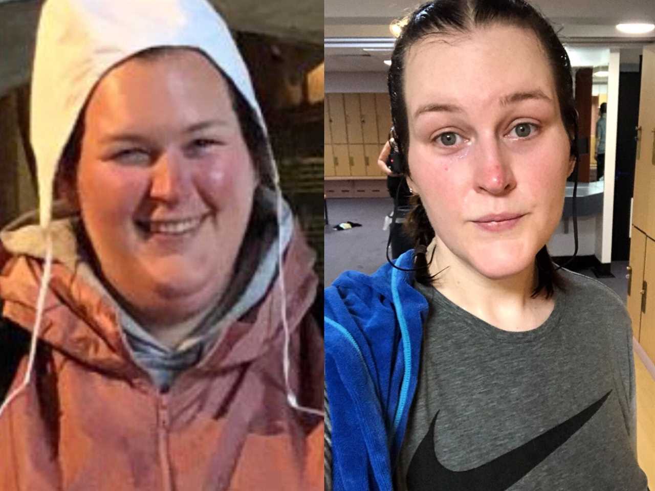 On the left, the writer wearing a hooded pink jacket. On the right, the writer wearing a gray Nike shirt after her weight-loss journey.