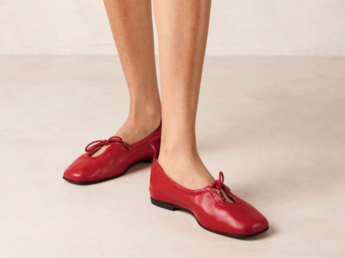 Red Alohas Rosalind ballet flats on model.