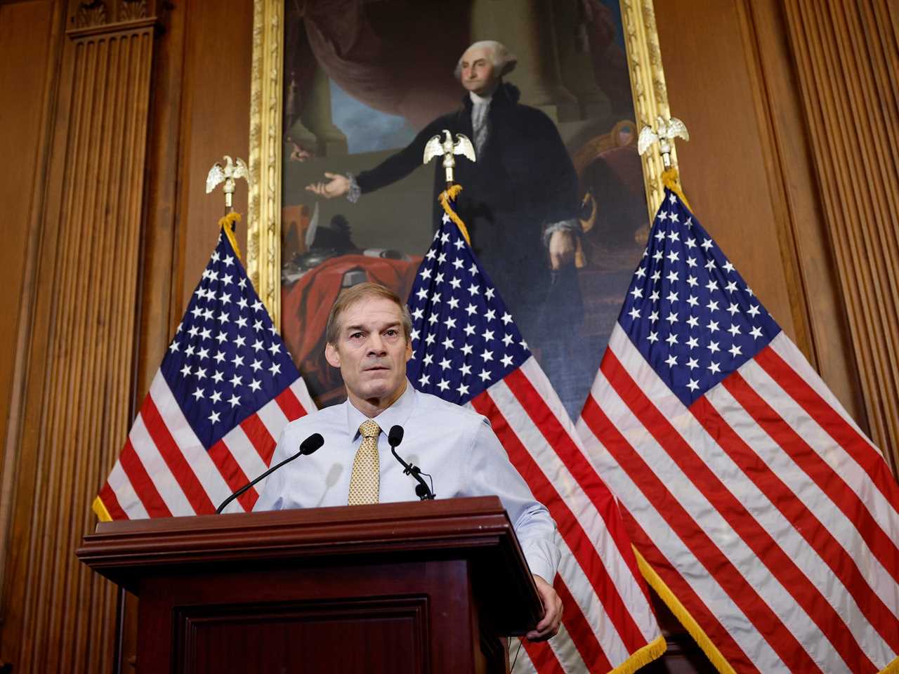 Rep. Jim Jordan of Ohio addressing reporters amid his ill-fated speakership bid in October 2023.