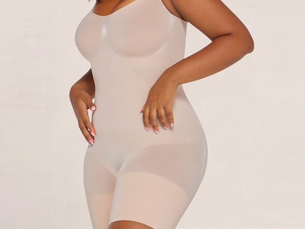 Person modeling a tan Shapermint Curveez® Comfort Evolution Full Body Shaper.