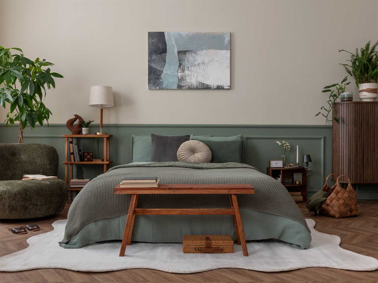 bedroom with wood and sage green decorative details