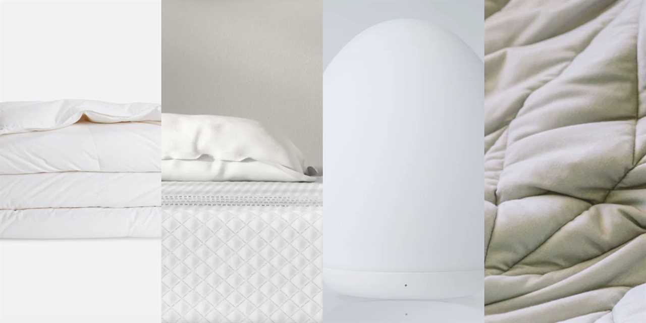 A collection of deals from Sleep Week (from left to right): a Brooklinen down comforter, a Leesa mattress, a VAVA baby night light, and a Nest Bedding weighted blanket.