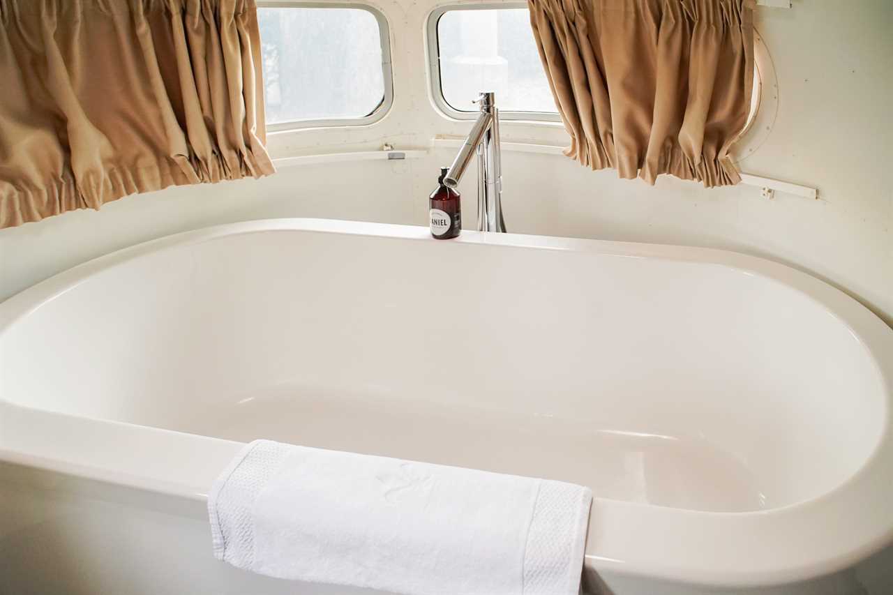 The bathroom inside the airstream trailer.