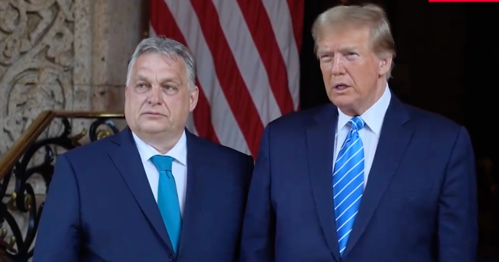 Viktor Orban, left, and Donald Trump, right, seen in a doorway at Mar-a-Lago in a still from a video shared by Orban's X account on march 10, 2024.